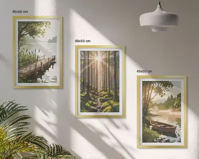 Triptykon billede med skov, sø og båd med ramme