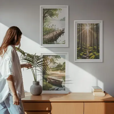 Triptykon billede med skov, sø og båd med ramme