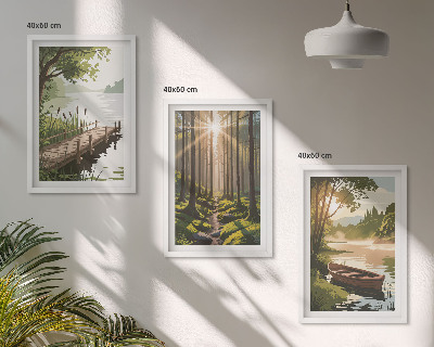 Triptykon billeder med ramme Landskab af skov, sø, båd