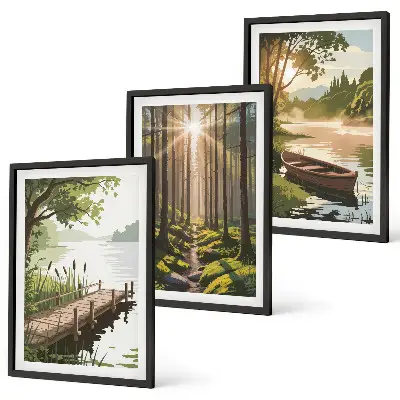 Triptykon billede med skov, sø og båd med ramme