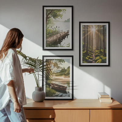 Triptykon billeder med ramme Landskab af skov, sø, båd