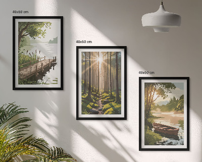 Triptykon billeder med ramme Landskab af skov, sø, båd