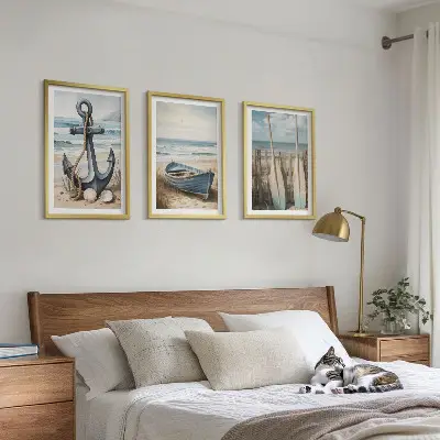 Sengesæt med motiv af anker, båd, årer og strand