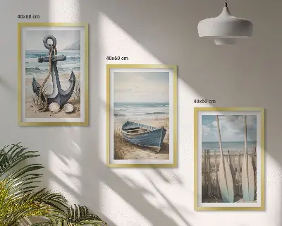 Sengesæt med motiv af anker, båd, årer og strand