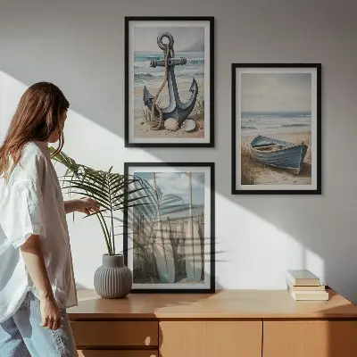 Sengesæt med motiv af anker, båd, årer og strand