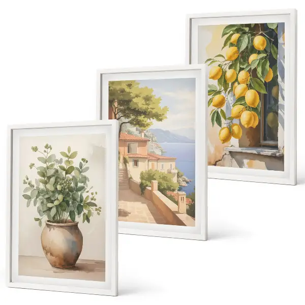 Triptykon-billeder med ramme motiv med blomster i en vase og citroner