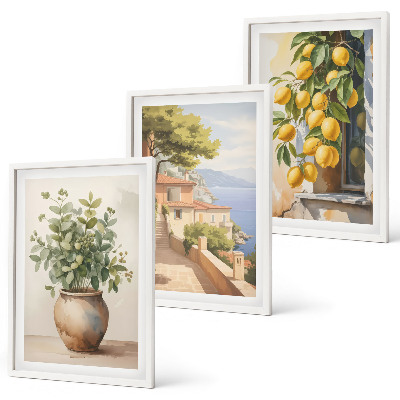 Triptykon billeder med ramme Blomster i en vase, et hav af citroner
