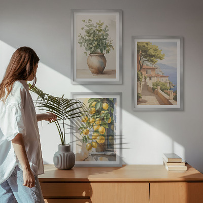 Triptykon billeder med ramme Blomster i en vase, et hav af citroner