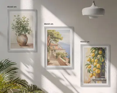 Triptykon-billeder med ramme motiv med blomster i en vase og citroner