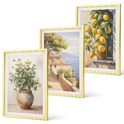 Triptykon billeder med ramme Blomster i en vase, et hav af citroner