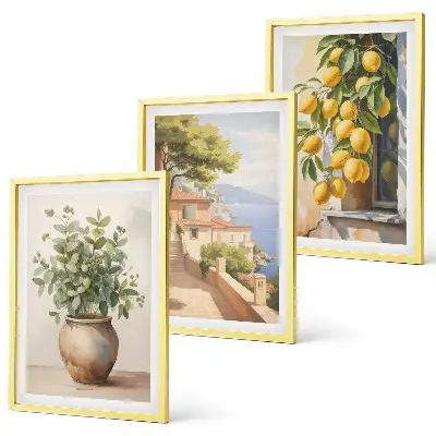 Triptykon-billeder med ramme motiv med blomster i en vase og citroner