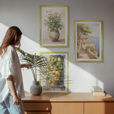 Triptykon-billeder med ramme motiv med blomster i en vase og citroner