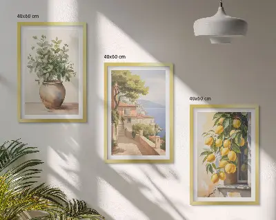 Triptykon-billeder med ramme motiv med blomster i en vase og citroner
