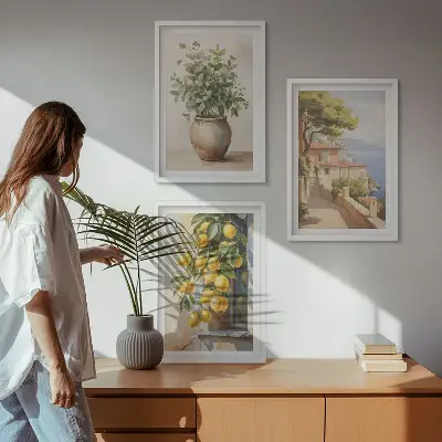 Triptykon-billeder med ramme motiv med blomster i en vase og citroner