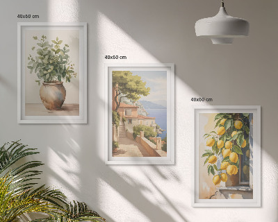Triptykon billeder med ramme Blomster i en vase, et hav af citroner