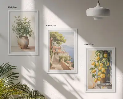 Triptykon-billeder med ramme motiv med blomster i en vase og citroner