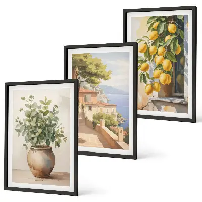 Triptykon-billeder med ramme motiv med blomster i en vase og citroner