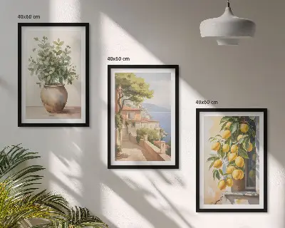 Triptykon-billeder med ramme motiv med blomster i en vase og citroner