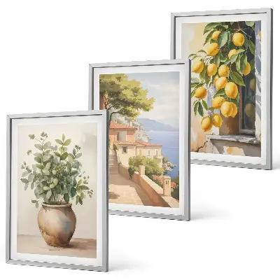 Triptykon-billeder med ramme motiv med blomster i en vase og citroner
