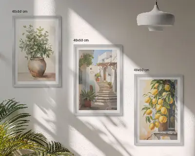 Billedvæg planter i potter, citroner og gade