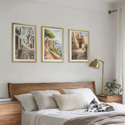 Triptykon billeder med ramme med motiver af gader, huse, planter og potter