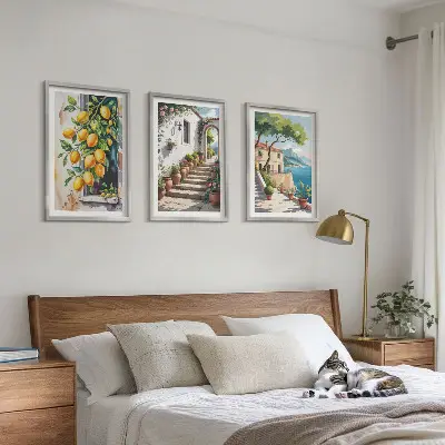 Billedsæt til soveværelset med citroner, blomster og havudsigt