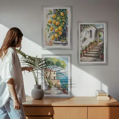 Billedsæt til soveværelset med citroner, blomster og havudsigt