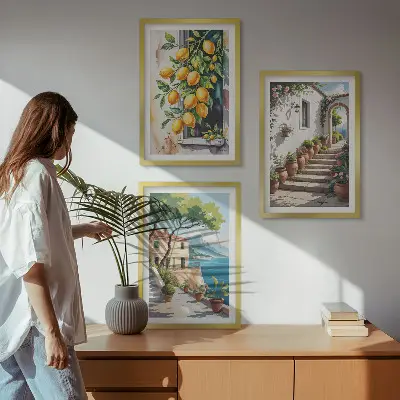 Billedsæt til soveværelset med citroner, blomster og havudsigt