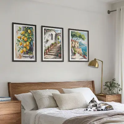 Billedsæt til soveværelset med citroner, blomster og havudsigt