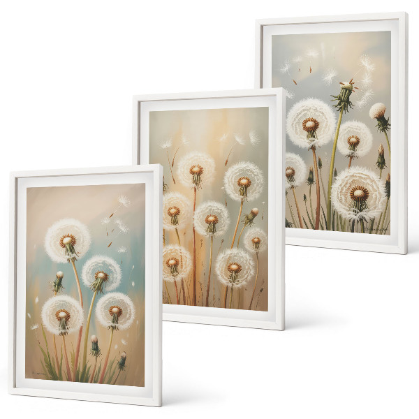Triptykon billeder med ramme Pastelfarvede mælkebøtteblomster