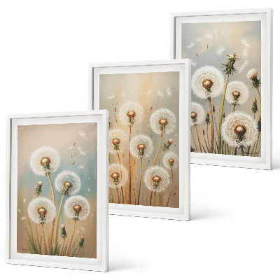 Triptykon billeder med ramme Pastelfarvede mælkebøtteblomster