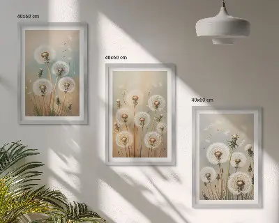 Triptykon med mælkebøtteblomster i pastelfarver med ramme