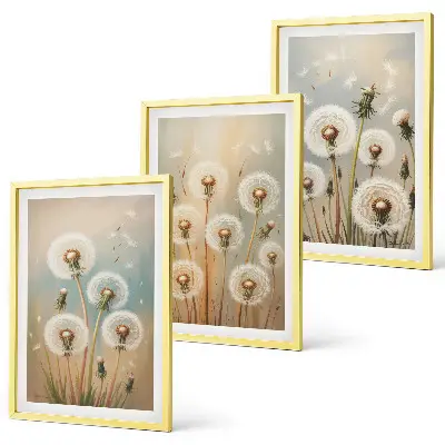 Triptykon med mælkebøtteblomster i pastelfarver med ramme