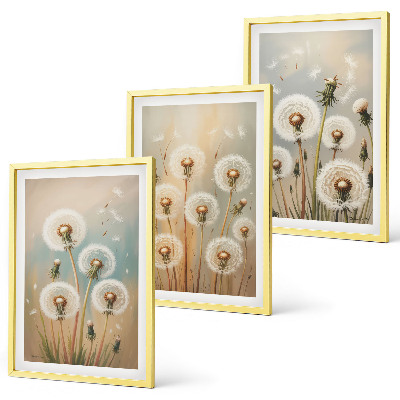 Triptykon billeder med ramme Pastelfarvede mælkebøtteblomster