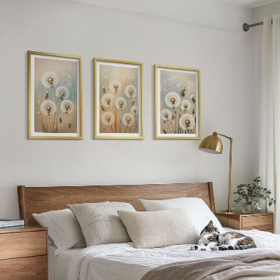 Triptykon billeder med ramme Pastelfarvede mælkebøtteblomster