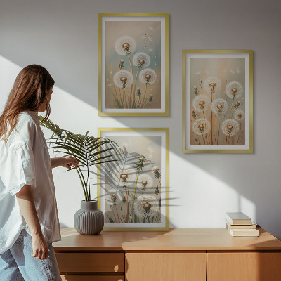 Triptykon billeder med ramme Pastelfarvede mælkebøtteblomster