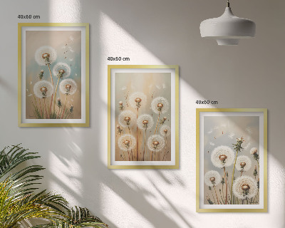 Triptykon billeder med ramme Pastelfarvede mælkebøtteblomster