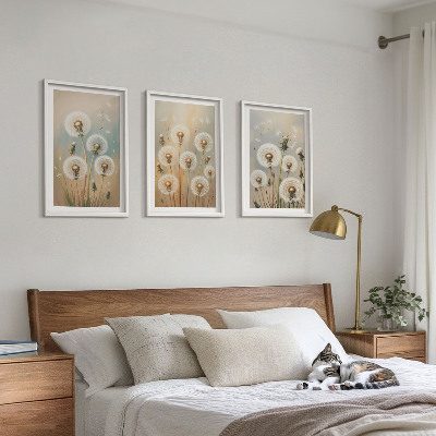 Triptykon billeder med ramme Pastelfarvede mælkebøtteblomster