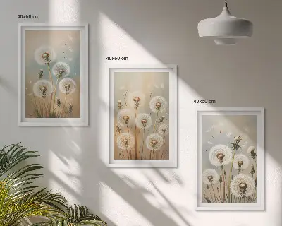Triptykon med mælkebøtteblomster i pastelfarver med ramme