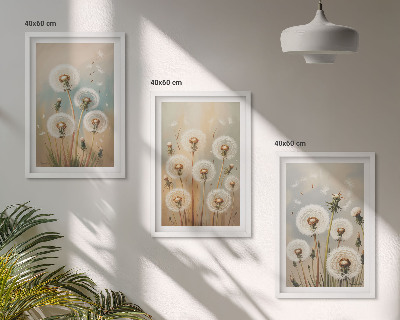Triptykon billeder med ramme Pastelfarvede mælkebøtteblomster