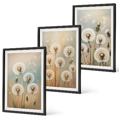 Triptykon billeder med ramme Pastelfarvede mælkebøtteblomster