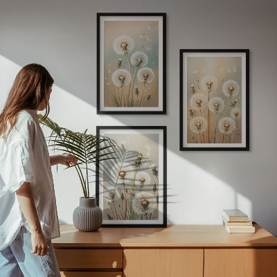 Triptykon billeder med ramme Pastelfarvede mælkebøtteblomster