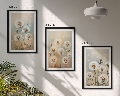 Triptykon billeder med ramme Pastelfarvede mælkebøtteblomster