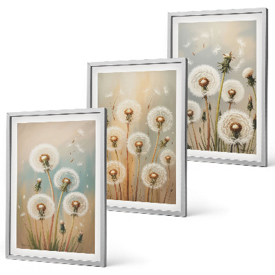 Triptykon billeder med ramme Pastelfarvede mælkebøtteblomster