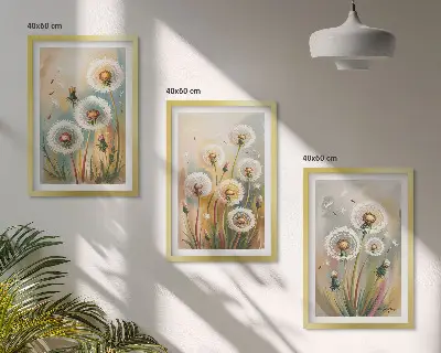 Billedsæt til soveværelset med mælkebøtteblomster og pastelgræsser