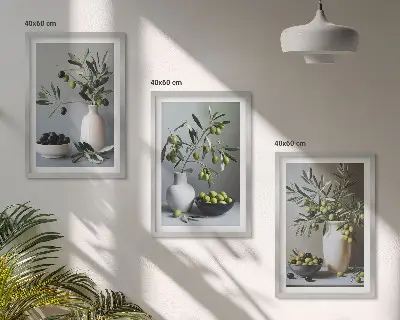 Billedvæg med oliven i dæmpede vaser inspiration