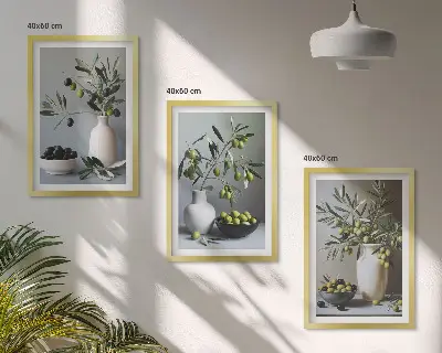 Billedvæg med oliven i dæmpede vaser inspiration