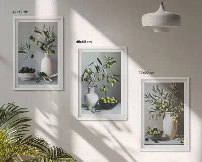 Billedvæg med oliven i dæmpede vaser inspiration