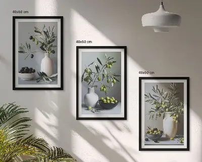 Billedvæg med oliven i dæmpede vaser inspiration
