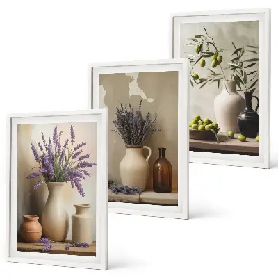Billedvæg med blomster plakat med blomster i vaser og olivendekorationer